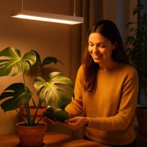 Junge Frau pflegt im Winter ihre Zimmerpflanzen unter einem warm leuchtenden LED Grow Light auf einem Indoor-Balkon; natürliche Lichtstimmung und modernes Pflanzen-Setup.