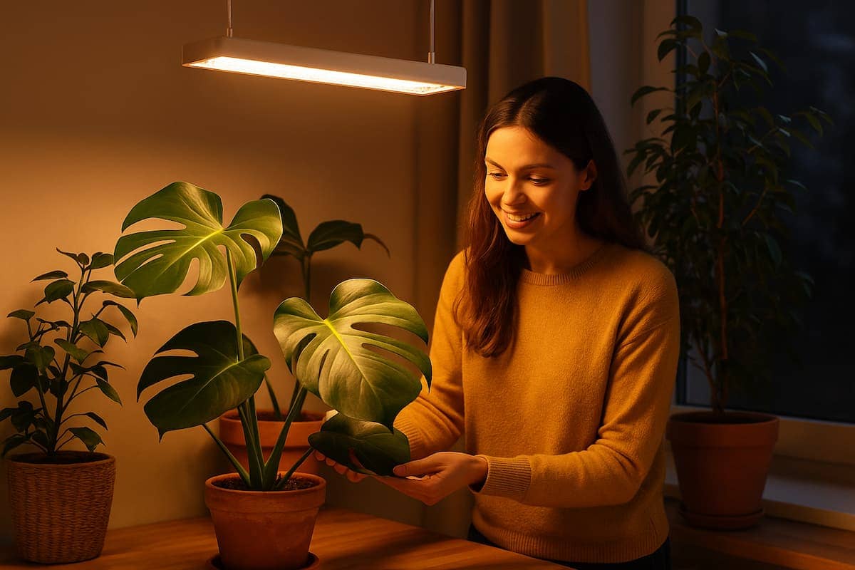 Junge Frau pflegt im Winter ihre Zimmerpflanzen unter einem warm leuchtenden LED Grow Light auf einem Indoor-Balkon; natürliche Lichtstimmung und modernes Pflanzen-Setup.
