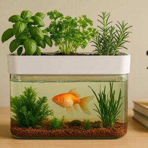 Mini Aquaponik System mit kleinem Aquarium und Kräutern wie Basilikum, Petersilie und Rosmarin in einem Indoor-Kreislauf auf einem Sideboard.