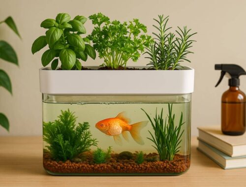 Mini Aquaponik System mit kleinem Aquarium und Kräutern wie Basilikum, Petersilie und Rosmarin in einem Indoor-Kreislauf auf einem Sideboard.