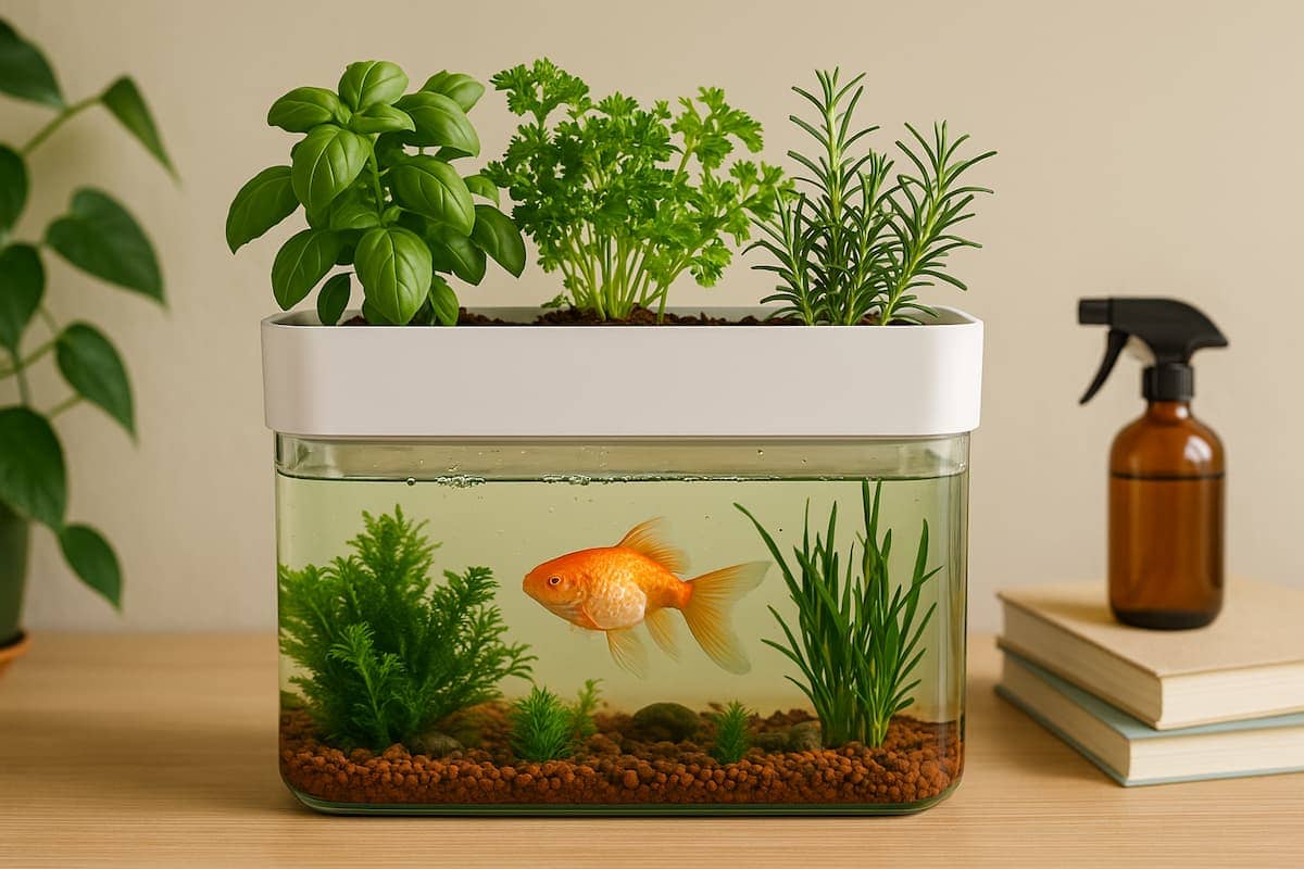 Mini Aquaponik System mit kleinem Aquarium und Kräutern wie Basilikum, Petersilie und Rosmarin in einem Indoor-Kreislauf auf einem Sideboard.