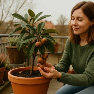 Eine Frau sitzt auf ihrem Balkon und begutachtet eine Mispel im Topf in einem großen Terrakotta-Gefäß, umgeben von winterlichen Kübelpflanzen.