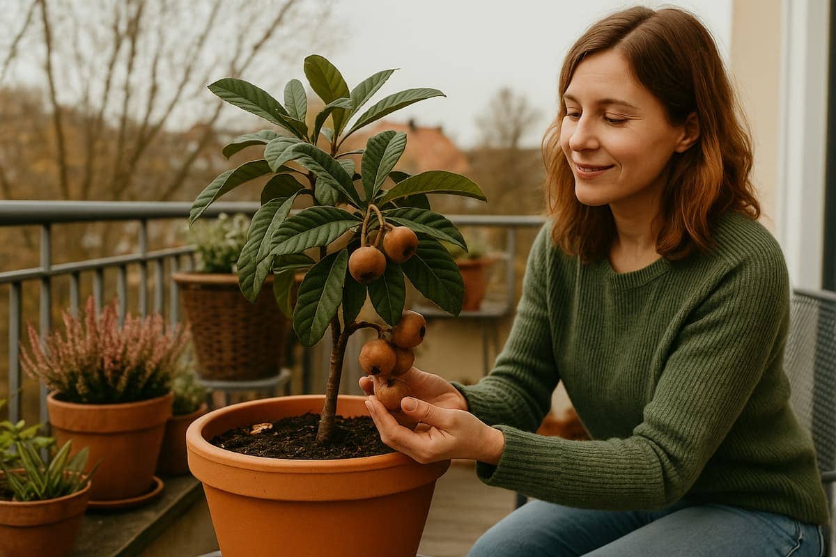 Eine Frau sitzt auf ihrem Balkon und begutachtet eine Mispel im Topf in einem großen Terrakotta-Gefäß, umgeben von winterlichen Kübelpflanzen.