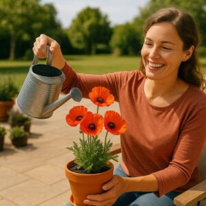 Eine lächelnde Frau sitzt auf einer großen sonnigen Terrasse und gießt eine Mohnblume im Terrakottatopf – perfekte Szene für das Thema Mohnblume auf Terrasse.