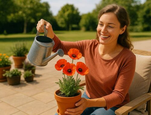 Eine lächelnde Frau sitzt auf einer großen sonnigen Terrasse und gießt eine Mohnblume im Terrakottatopf – perfekte Szene für das Thema Mohnblume auf Terrasse.
