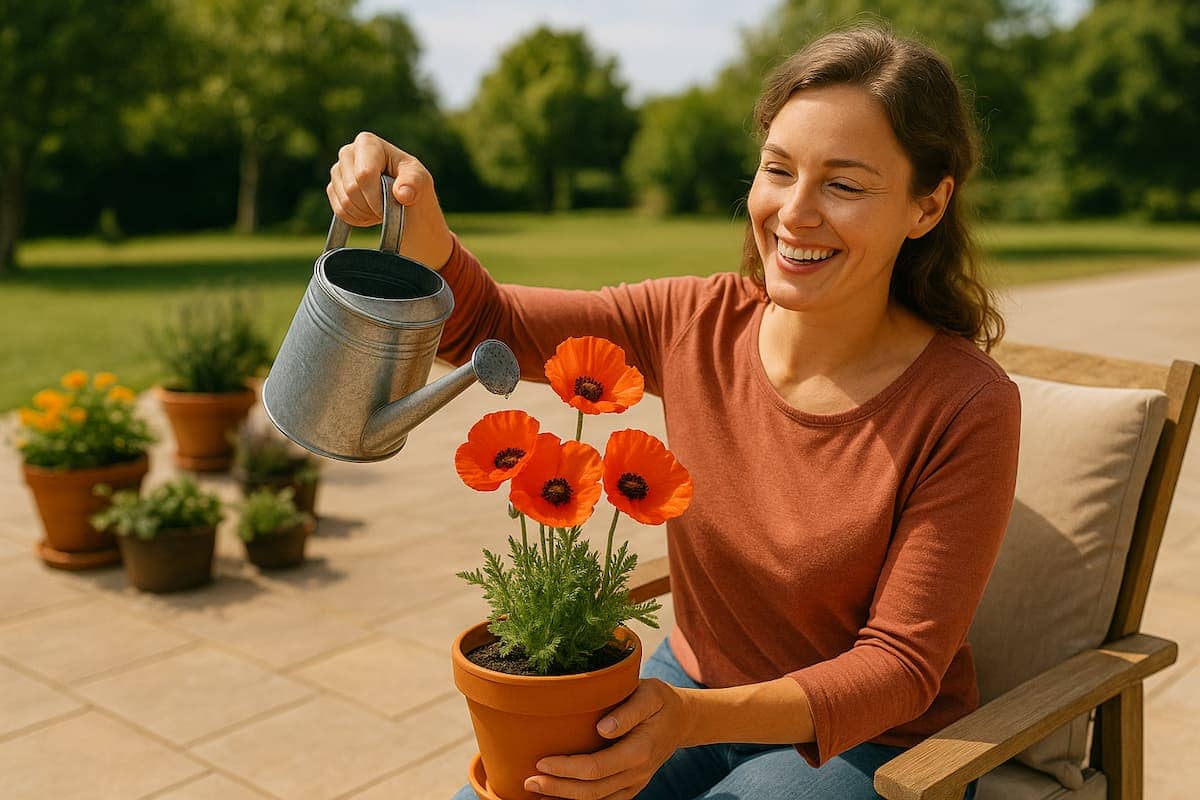 Eine lächelnde Frau sitzt auf einer großen sonnigen Terrasse und gießt eine Mohnblume im Terrakottatopf – perfekte Szene für das Thema Mohnblume auf Terrasse.