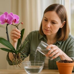 Eine Frau hält eine Phalaenopsis-Orchidee über eine Schale Wasser und gießt vorsichtig, während sie die Wurzeln prüft – eine realistische Szene, wie man eine Orchidee retten kann.