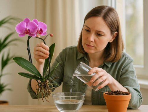 Orchidee retten: Kann ein einfacher Reis-Trick deine Pflanze zurückholen? 9 Eine Frau hält eine Phalaenopsis-Orchidee über eine Schale Wasser und gießt vorsichtig, während sie die Wurzeln prüft – eine realistische Szene, wie man eine Orchidee retten kann.