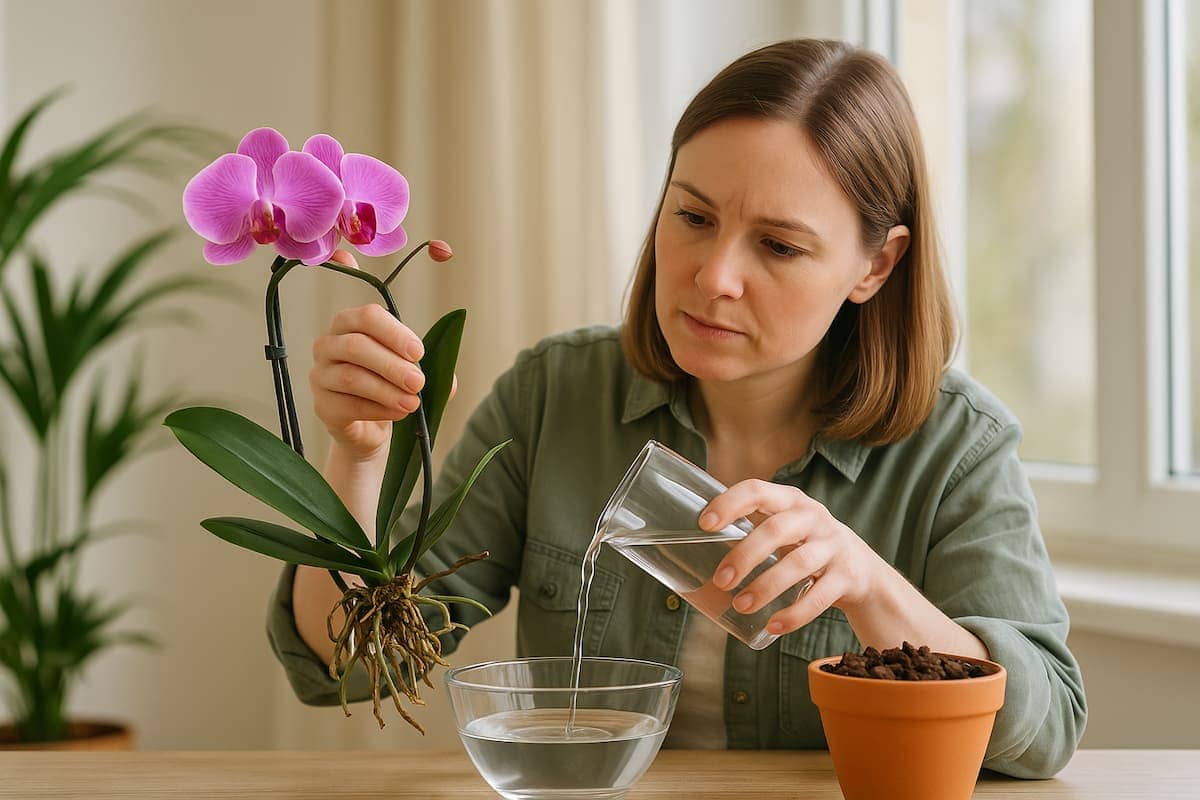 Eine Frau hält eine Phalaenopsis-Orchidee über eine Schale Wasser und gießt vorsichtig, während sie die Wurzeln prüft – eine realistische Szene, wie man eine Orchidee retten kann.