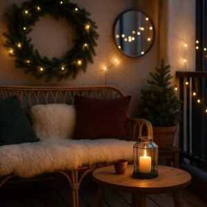 Ein gemütlicher Skandi-Balkon mit Rattanmöbeln, Schaffell, Holzdetails und warmem Lichterglanz bei Abendstimmung – perfektes Winterambiente im modernen Hygge-Stil.