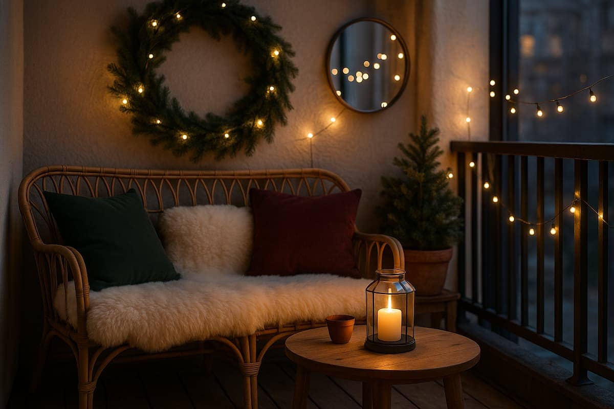Ein gemütlicher Skandi-Balkon mit Rattanmöbeln, Schaffell, Holzdetails und warmem Lichterglanz bei Abendstimmung – perfektes Winterambiente im modernen Hygge-Stil.