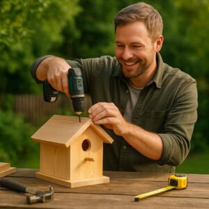 Ein Mann baut im Garten ein Holzvogelhaus und befestigt das Dach, natürliche Lichtstimmung und typische DIY-Szene passend zum Thema Vogelhaus bauen.