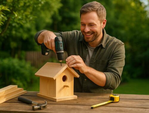 Ein Mann baut im Garten ein Holzvogelhaus und befestigt das Dach, natürliche Lichtstimmung und typische DIY-Szene passend zum Thema Vogelhaus bauen.
