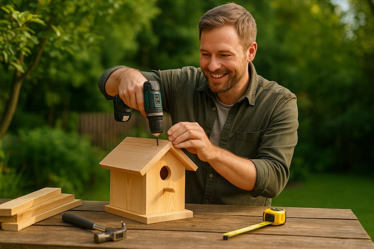 Ein Mann baut im Garten ein Holzvogelhaus und befestigt das Dach, natürliche Lichtstimmung und typische DIY-Szene passend zum Thema Vogelhaus bauen.
