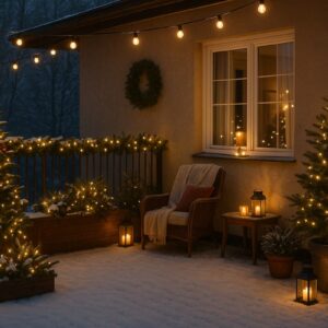 Schneebedeckte Terrasse mit stimmungsvoller Weihnachtsdeko Terrasse, warm leuchtenden Lichterketten, Laternen, Tannenbäumen und gemütlicher Sitzbank in winterlicher Abendstimmung.