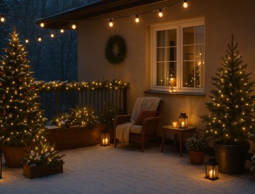 Schneebedeckte Terrasse mit stimmungsvoller Weihnachtsdeko Terrasse, warm leuchtenden Lichterketten, Laternen, Tannenbäumen und gemütlicher Sitzbank in winterlicher Abendstimmung.