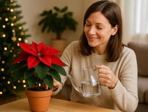 Eine Frau gießt zuhause einen roten Weihnachtsstern auf einem Holztisch, während sie die Pflanze aufmerksam betrachtet; Szene zeigt praktische Weihnachtsstern Pflege in warmer, gemütlicher Umgebung.