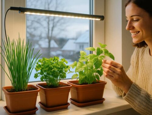 Winter-Kräutergarten auf der Fensterbank mit frischem Schnittlauch, Petersilie und Zitronenmelisse in Töpfen, warmes Tageslicht, gemütliche Winterstimmung im Raum.