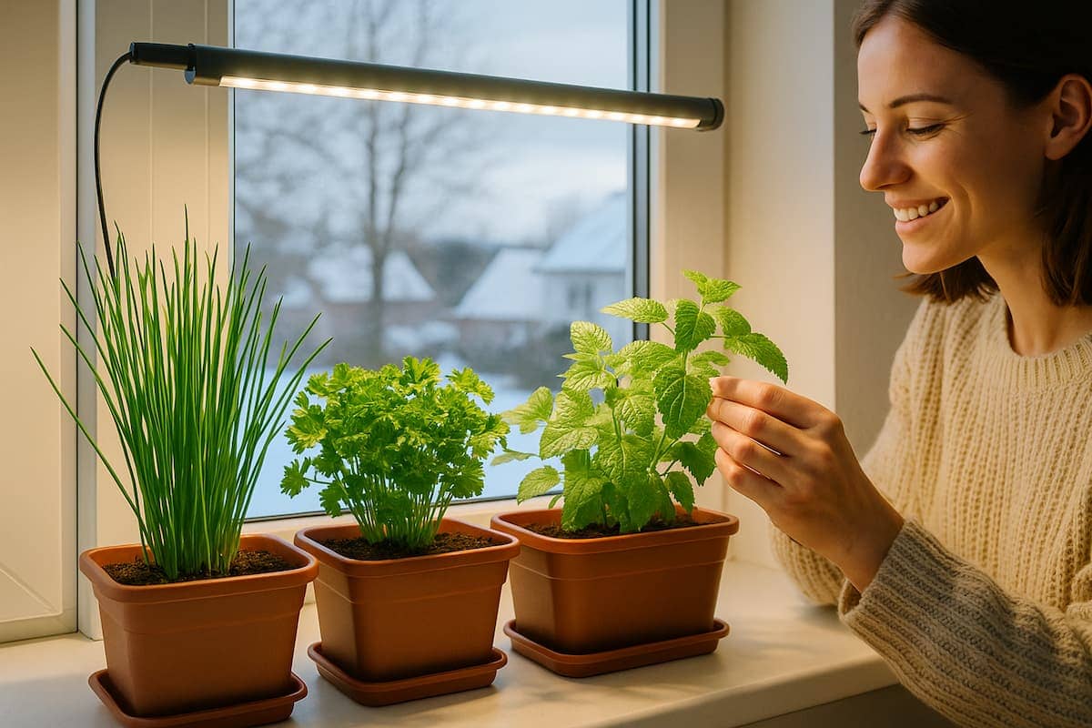 Winter-Kräutergarten auf der Fensterbank mit frischem Schnittlauch, Petersilie und Zitronenmelisse in Töpfen, warmes Tageslicht, gemütliche Winterstimmung im Raum.