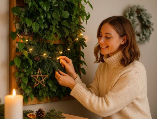 Eine junge Frau in einem cremefarbenen Pullover dekoriert eine Indoor Pflanzenwand mit warmweißen Lichterketten und winterlichen Naturmaterialien, während eine Kerze im Vordergrund gemütliches Licht spendet.
