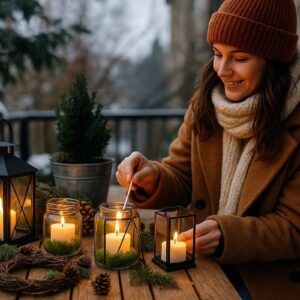 Frau dekoriert einen winterlichen Balkon mit warmen Lichtinseln, Laternen und Naturmaterialien; stimmungsvolle Szene für gemütliche Winterdeko draussen.