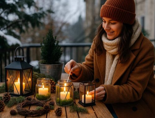 Winterdeko draußen: So verwandelst du Balkon, Terrasse & Garten in Winterzauber 7 Frau dekoriert einen winterlichen Balkon mit warmen Lichtinseln, Laternen und Naturmaterialien; stimmungsvolle Szene für gemütliche Winterdeko draussen.