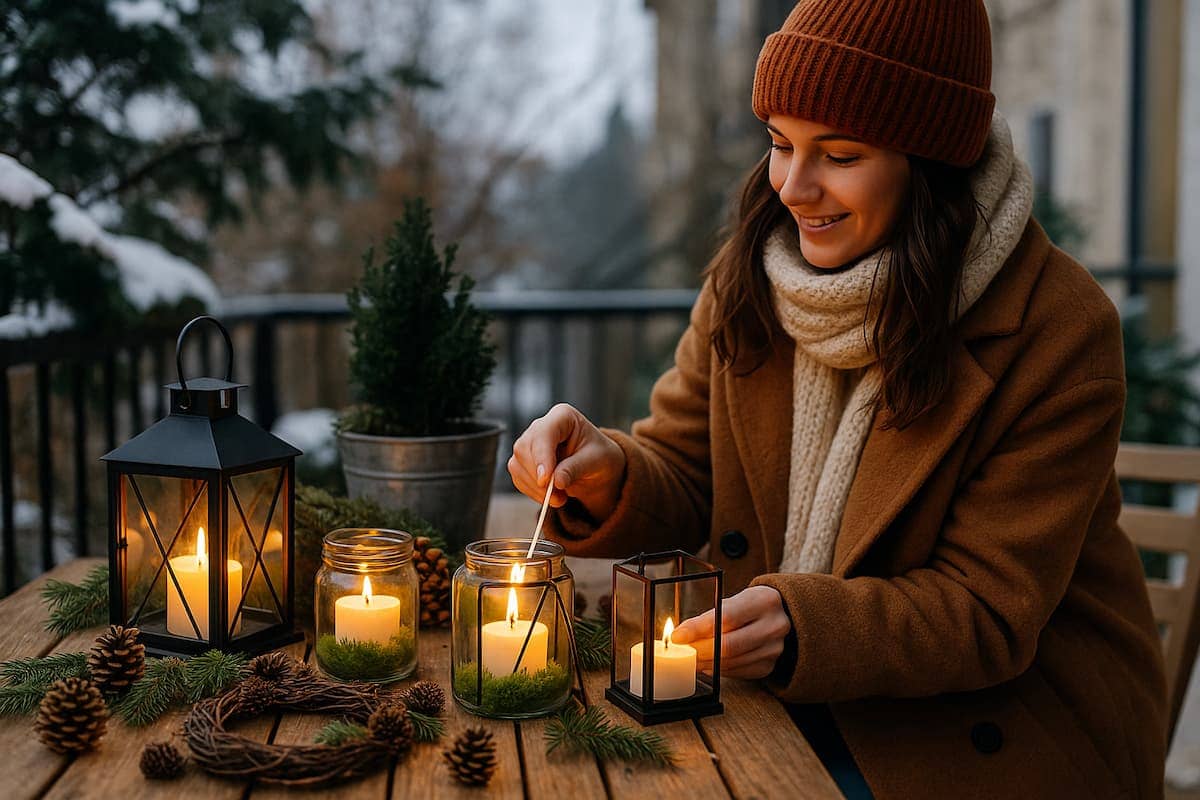 Frau dekoriert einen winterlichen Balkon mit warmen Lichtinseln, Laternen und Naturmaterialien; stimmungsvolle Szene für gemütliche Winterdeko draussen.