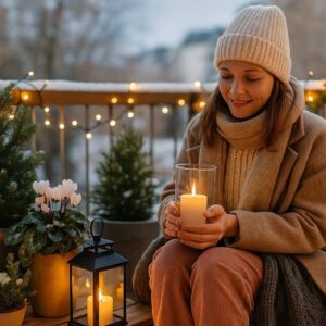 Junge Frau sitzt auf einem winterlich dekorierten Balkon mit Kerzen, Lichterkette und immergrünen Pflanzen und genießt stimmungsvolle Winterdeko für Balkon.