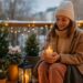 Junge Frau sitzt auf einem winterlich dekorierten Balkon mit Kerzen, Lichterkette und immergrünen Pflanzen und genießt stimmungsvolle Winterdeko für Balkon.