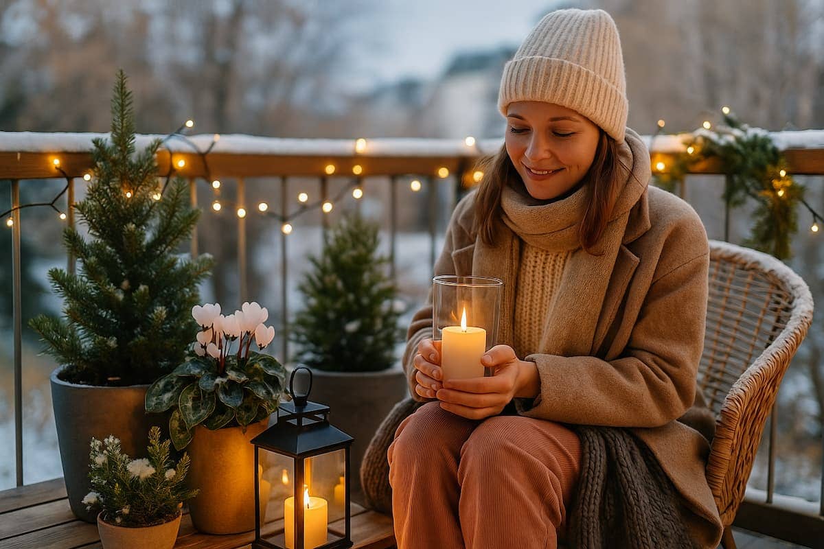 Junge Frau sitzt auf einem winterlich dekorierten Balkon mit Kerzen, Lichterkette und immergrünen Pflanzen und genießt stimmungsvolle Winterdeko für Balkon.