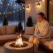 Gemütliche Winterterrasse Wellness Retreat mit moderner Feuerstelle, warmem Licht, beigen Decken und sanften Goldtönen – perfekte Outdoor-Wohlfühloase im Winter.