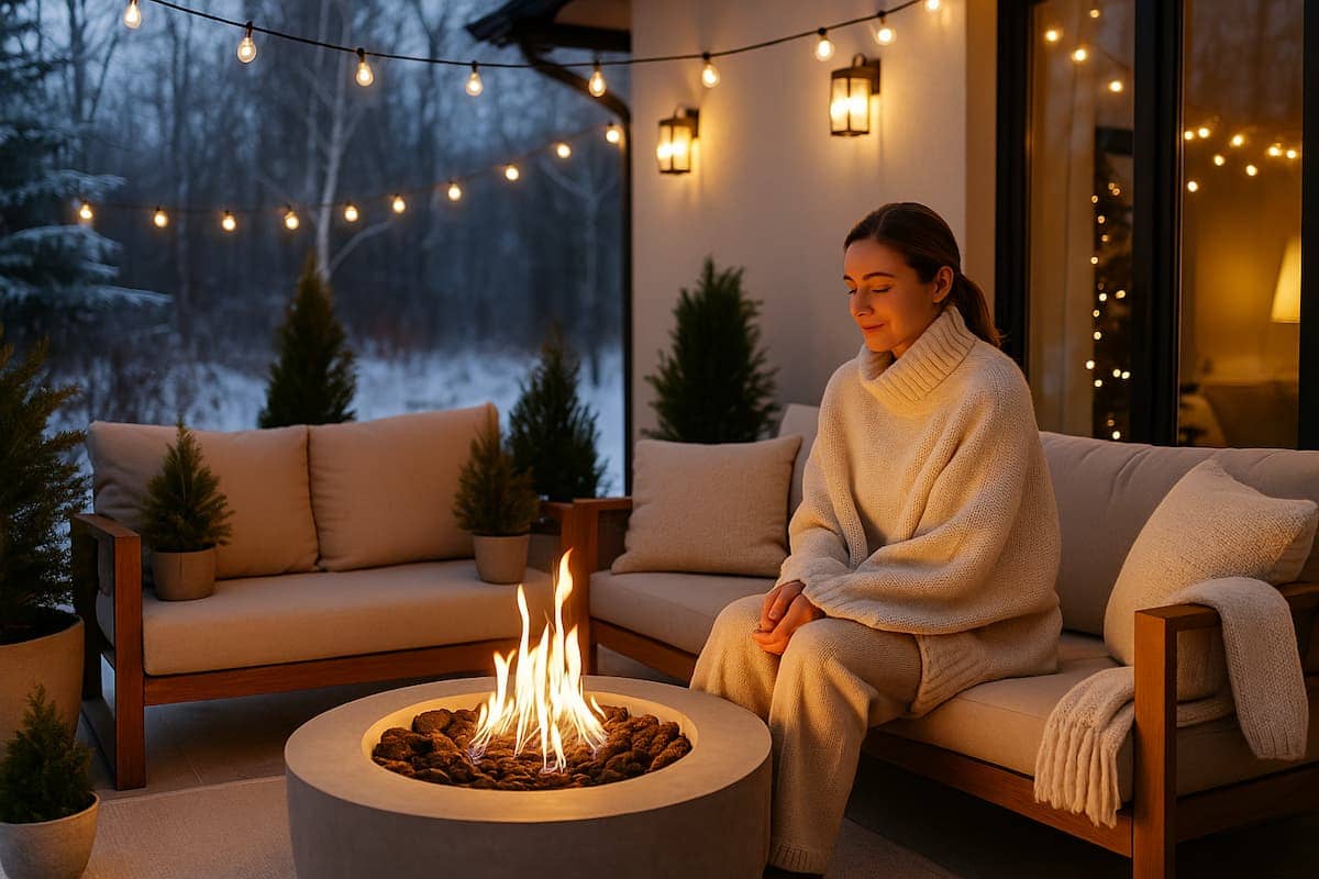 Gemütliche Winterterrasse Wellness Retreat mit moderner Feuerstelle, warmem Licht, beigen Decken und sanften Goldtönen – perfekte Outdoor-Wohlfühloase im Winter.