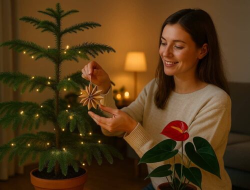 Zimmerpflanzen als Weihnachtsbaum: Nachhaltig feiern mit Stil 🌿 9 Eine junge Frau schmückt in ihrem Wohnzimmer eine Norfolk-Kiefer mit warmen Lichterketten und einem goldenen Sternanhänger – ein modernes Beispiel für Zimmerpflanzen als Weihnachtsbaum in nachhaltiger, gemütlicher Weihnachtsatmosphäre.