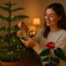 Eine junge Frau schmückt in ihrem Wohnzimmer eine Norfolk-Kiefer mit warmen Lichterketten und einem goldenen Sternanhänger – ein modernes Beispiel für Zimmerpflanzen als Weihnachtsbaum in nachhaltiger, gemütlicher Weihnachtsatmosphäre.
