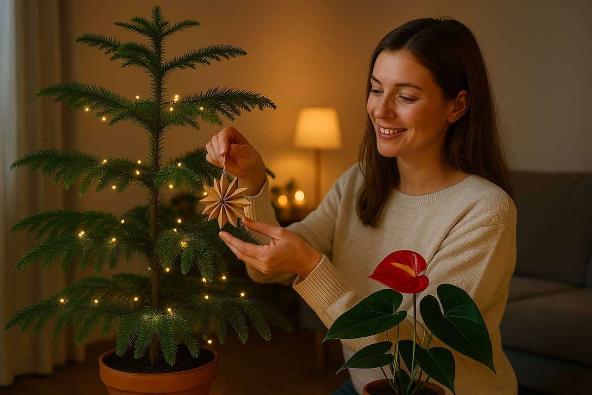 Eine junge Frau schmückt in ihrem Wohnzimmer eine Norfolk-Kiefer mit warmen Lichterketten und einem goldenen Sternanhänger – ein modernes Beispiel für Zimmerpflanzen als Weihnachtsbaum in nachhaltiger, gemütlicher Weihnachtsatmosphäre.