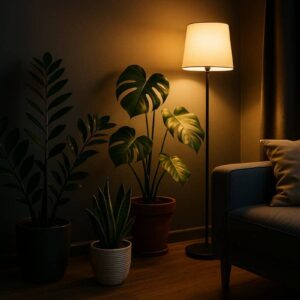 Gemütliche Wohnzimmerecke mit Zimmerpflanzen für wenig Licht, darunter Monstera, Bogenhanf und Glücksfeder, die von einer warmen Stehlampe in einem dunklen Raum beleuchtet werden.