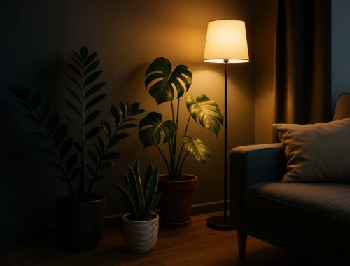 Gemütliche Wohnzimmerecke mit Zimmerpflanzen für wenig Licht, darunter Monstera, Bogenhanf und Glücksfeder, die von einer warmen Stehlampe in einem dunklen Raum beleuchtet werden.