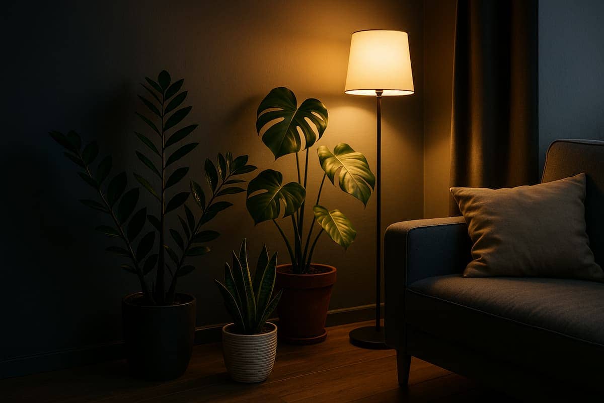 Gemütliche Wohnzimmerecke mit Zimmerpflanzen für wenig Licht, darunter Monstera, Bogenhanf und Glücksfeder, die von einer warmen Stehlampe in einem dunklen Raum beleuchtet werden.