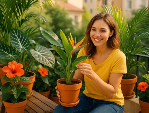 Eine junge Frau gießt exotische Kübelpflanzen auf einem sonnigen Balkon mit üppigem Grün, großen Blättern und tropischem Flair, das Urlaubsstimmung vermittelt.