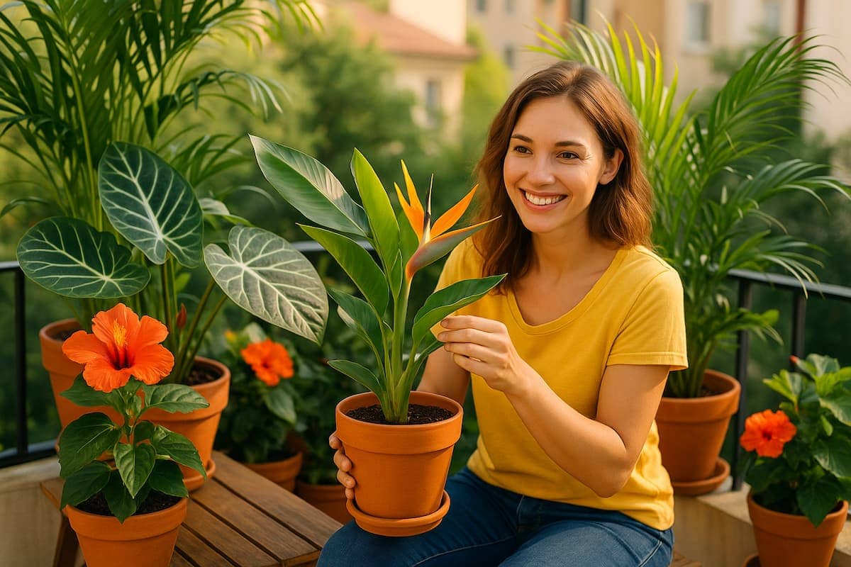Eine junge Frau gießt exotische Kübelpflanzen auf einem sonnigen Balkon mit üppigem Grün, großen Blättern und tropischem Flair, das Urlaubsstimmung vermittelt.