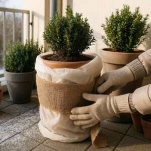 Hände isolieren im Januar einen Pflanzkübel mit Jute und Vlies auf dem Balkon – Balkon Wintercheck zur Vorbereitung auf Frost und Winterkälte