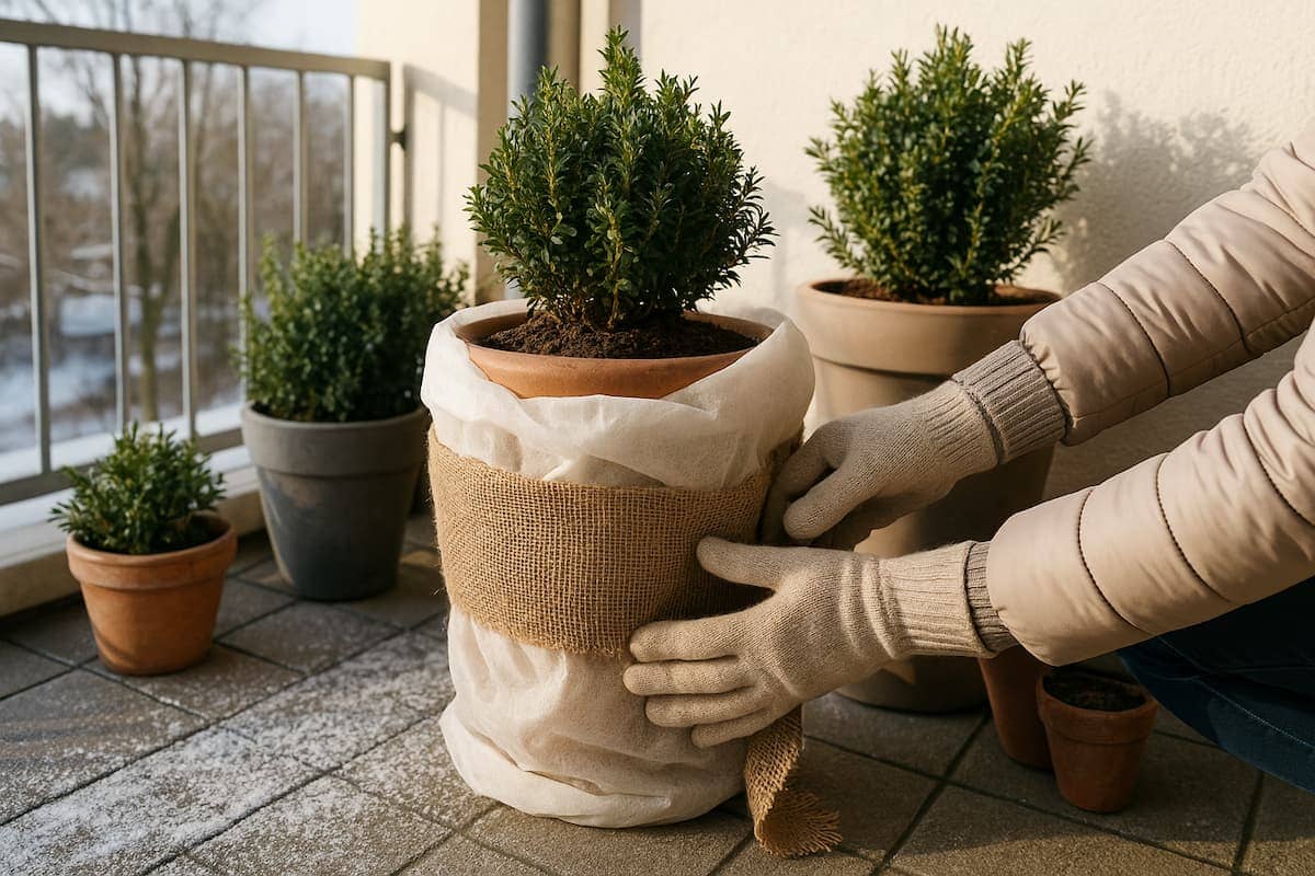 Hände isolieren im Januar einen Pflanzkübel mit Jute und Vlies auf dem Balkon – Balkon Wintercheck zur Vorbereitung auf Frost und Winterkälte