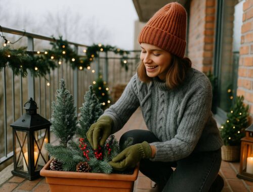 Frau dekoriert ihren winterlichen Balkon im Dezember mit kleinen eingewickelten Tannenpflanzen, Lichterketten und Laternen, um ihn gemütlich und winterfest zu machen.