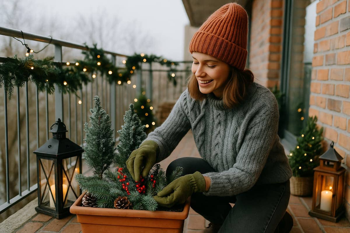 Frau dekoriert ihren winterlichen Balkon im Dezember mit kleinen eingewickelten Tannenpflanzen, Lichterketten und Laternen, um ihn gemütlich und winterfest zu machen.