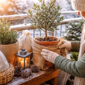 Frostschutz für Balkonpflanzen auf einem winterlichen Balkon, bei dem Topfpflanzen mit Jute und Naturmaterialien vor Kälte geschützt werden.