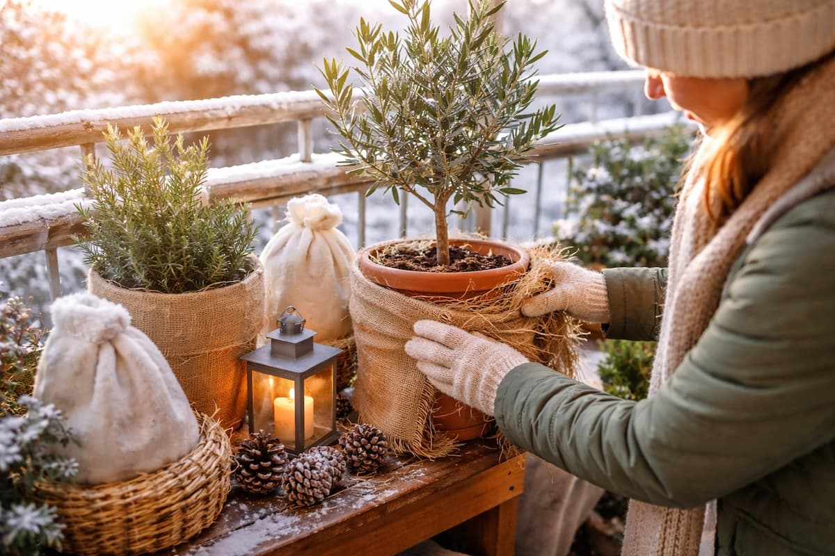 Frostschutz für Balkonpflanzen auf einem winterlichen Balkon, bei dem Topfpflanzen mit Jute und Naturmaterialien vor Kälte geschützt werden.