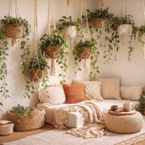 Gemütliche Boho Zimmerecke mit mehreren in Makramee hängenden Pflanzen in Rattankörben, warmen Texturen und weichen Kissen – ideal zum Hängepflanzen dekorieren.