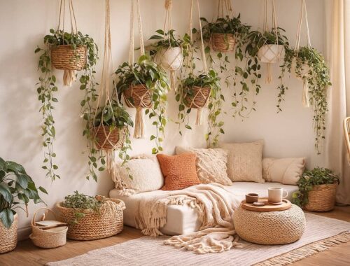 Wie kannst du Hängepflanzen dekorieren, damit dein Zuhause sofort lebendiger wirkt? 7 Gemütliche Boho Zimmerecke mit mehreren in Makramee hängenden Pflanzen in Rattankörben, warmen Texturen und weichen Kissen – ideal zum Hängepflanzen dekorieren.