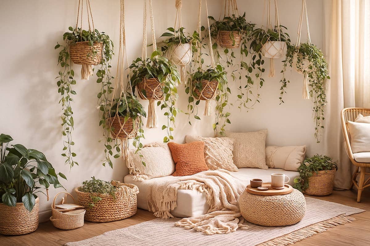 Gemütliche Boho Zimmerecke mit mehreren in Makramee hängenden Pflanzen in Rattankörben, warmen Texturen und weichen Kissen – ideal zum Hängepflanzen dekorieren.