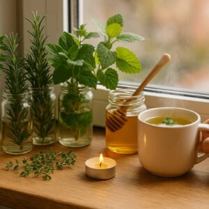 Fensterbank mit frischen Heilkräutern im Winter, darunter Minze, Rosmarin und Thymian in Gläsern, dazu eine Tasse heißer Kräutertee, Honig und Kerzenlicht für eine warme, natürliche Winteratmosphäre.
